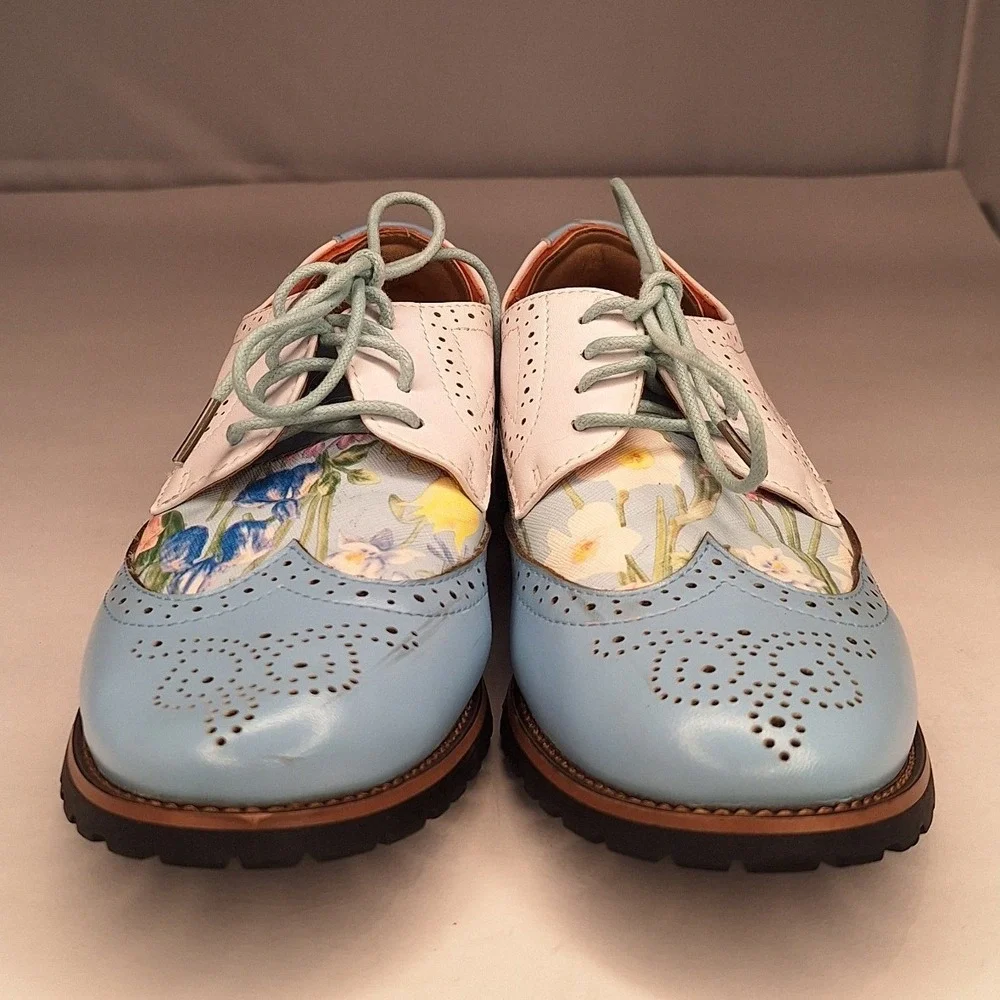 Floral Wingtip Oxford Shoes Pastel Blue White Leather Brogue Lace Up Size 36
